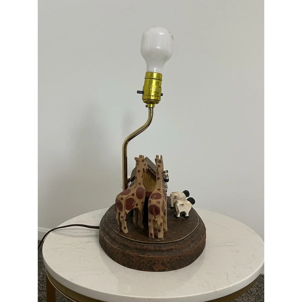 Hand Carved Wood Folk Art Vintage Lamp Noah's Arc Animals Boat Nursery Bible‎